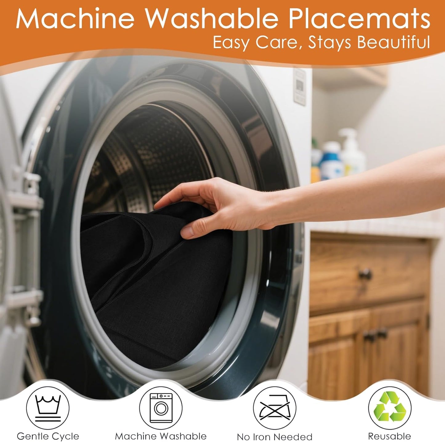 MANSPHIL Black Cloth Placemats Set of 4 Washable Thick Faux Linen Table Place Mats Heat Resistant Double Layer Fabric Wrinkle Free Dining Kitchen Table Decor - 13x19 Inch Oeko Tex Placemat