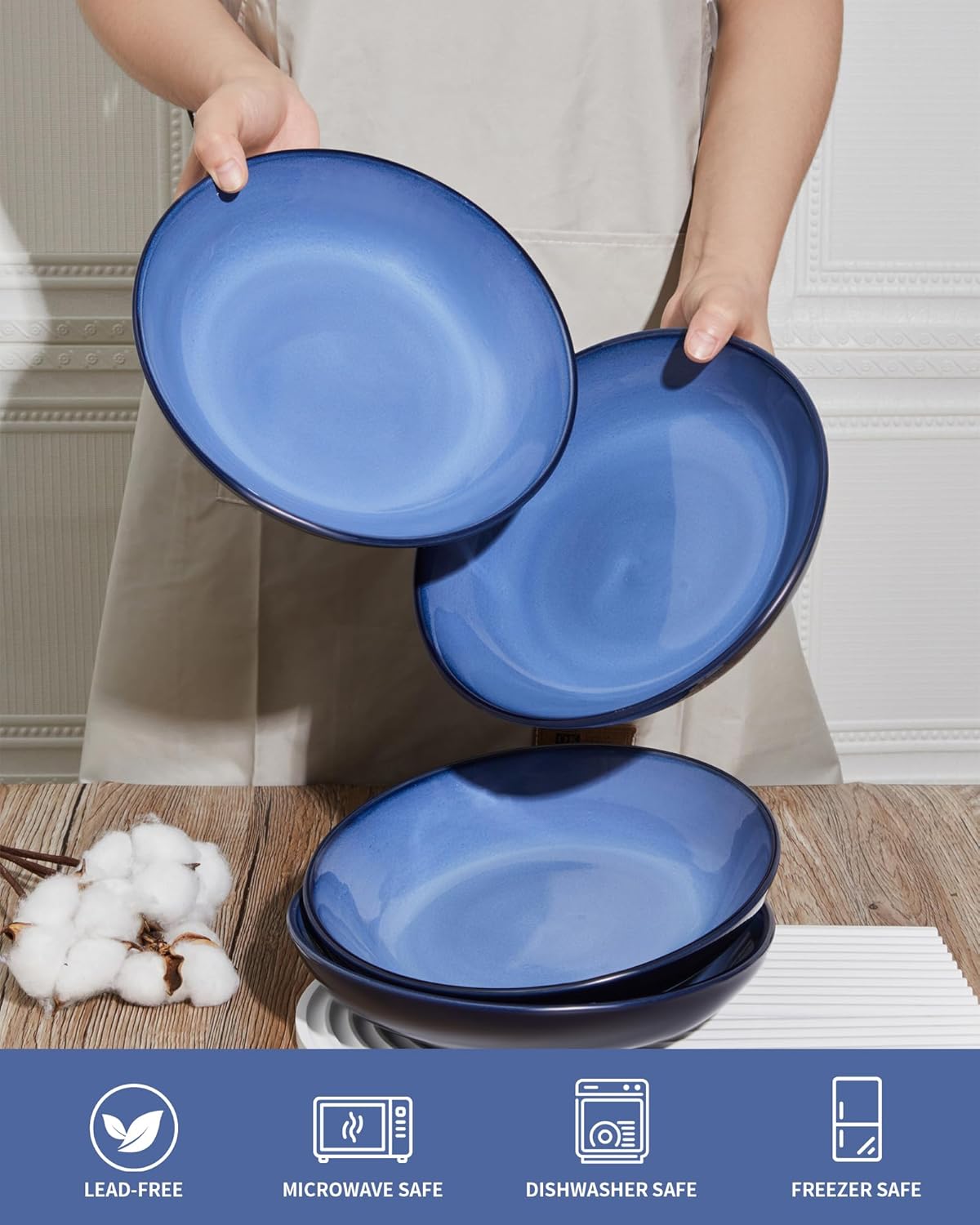 Ceramic Pasta Bowl Set of 4, 32 Oz Large Salad Bowls for Serving, Microwave & Dishwasher Safe Soup Bowls for Kitchen, Light Blue Stoneware Bowl Set