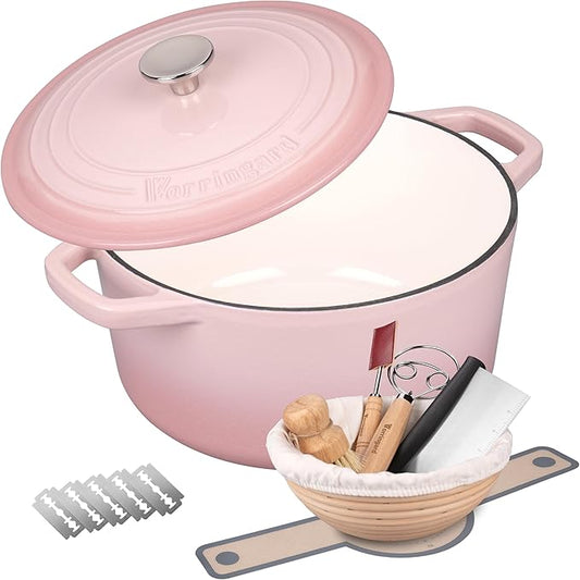 Enameled Cast Iron Dutch Oven Pot with Lid, for Bread Baking, Round Bread Oven- include Sourdough Bread Baking Supplies set, 4.5QT, Pink