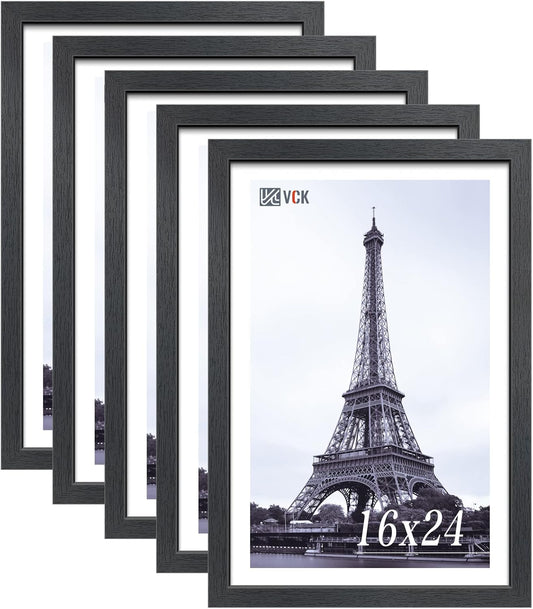 VCK 16x24 Poster Frames Set of 5, Black Solid Wood Picture Frame, Textured Exclusive Wall Gallery Frame