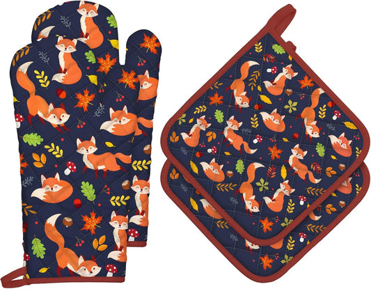 Fox Leaf Oven Mitts and Pot Holders Sets 4Pcs, 100% Cotton Heat Resistant, Extra Long Oven Gloves Potholder for Kitchen Cooking Baking Decoration