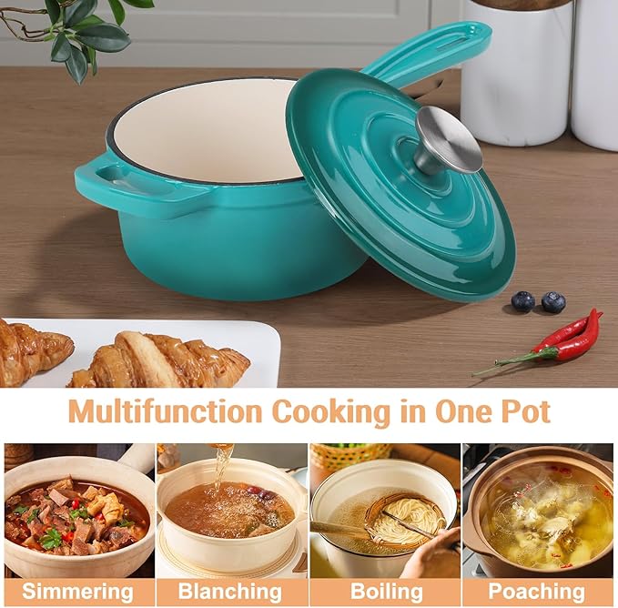 Enameled Cast Iron Sauce Pan, 1 Quart Enameled Saucepan with Lid, Mini Dutch Oven Enamel Saucepan for Cooking Pasta Sauce, Gravy, Puddings, Marinate, Boiling (Blue Green)