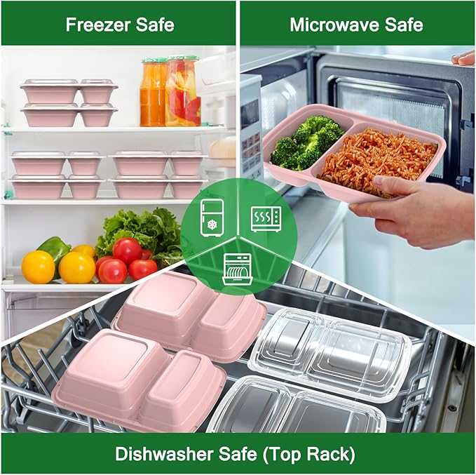 50 Pack (100-Piece) 28 oz Meal Prep Containers Reusable with Lids 2-Compartment, Sturdy Leakproof Food Safe, Microwave Freezer Dishwasher Safe, To Go Take Out Plastic Food Storage, Pink