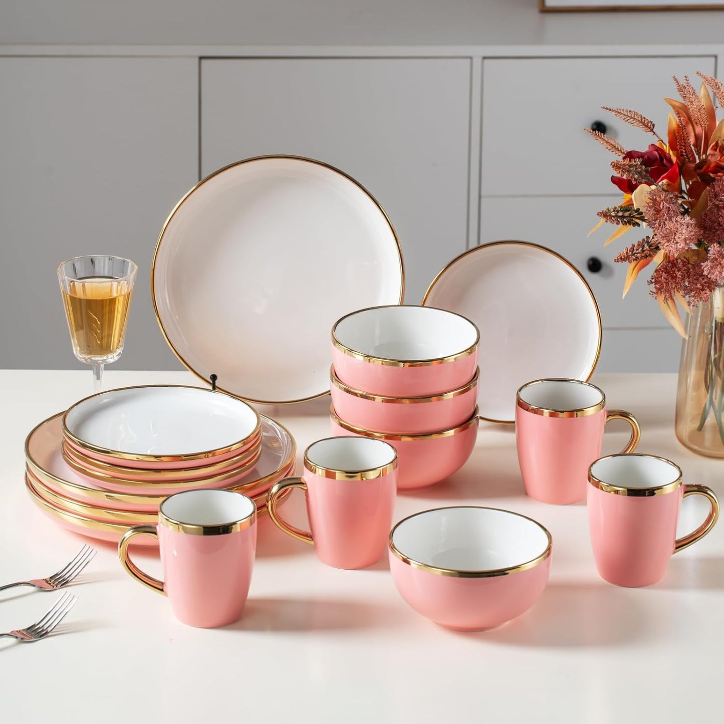 Pink Dinnerware Sets for 4 Ceramic, 16-Piece Luxury Plates and Bowls Sets with Gold Rim, Modern Dish Set for Wedding Christmas Anniversary, Crack Resistant | Dishwasher & Freezer Safe