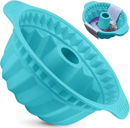 Kenond 2 PCS 9.5 Inch Silicone Cake Pans, Non-stick Fluted Cake Pan with Sturdy Handle, Cake Baking Molds, Perfect Bakeware for Cake, Jello, Gelatin, Bread, Para Gelatinas (Blue)