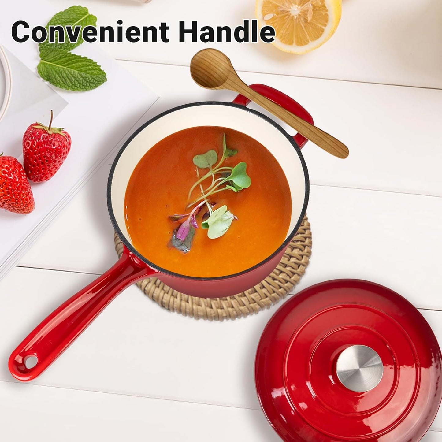 Enameled Cast Iron Sauce Pan, 2 Quarts Round Sauce Pot with Lid, Mini Dutch Oven Enamel Saucepan for Cooking Pasta Sauce, Marinate, Cook, Refrigerate and Serve, Gradient Red