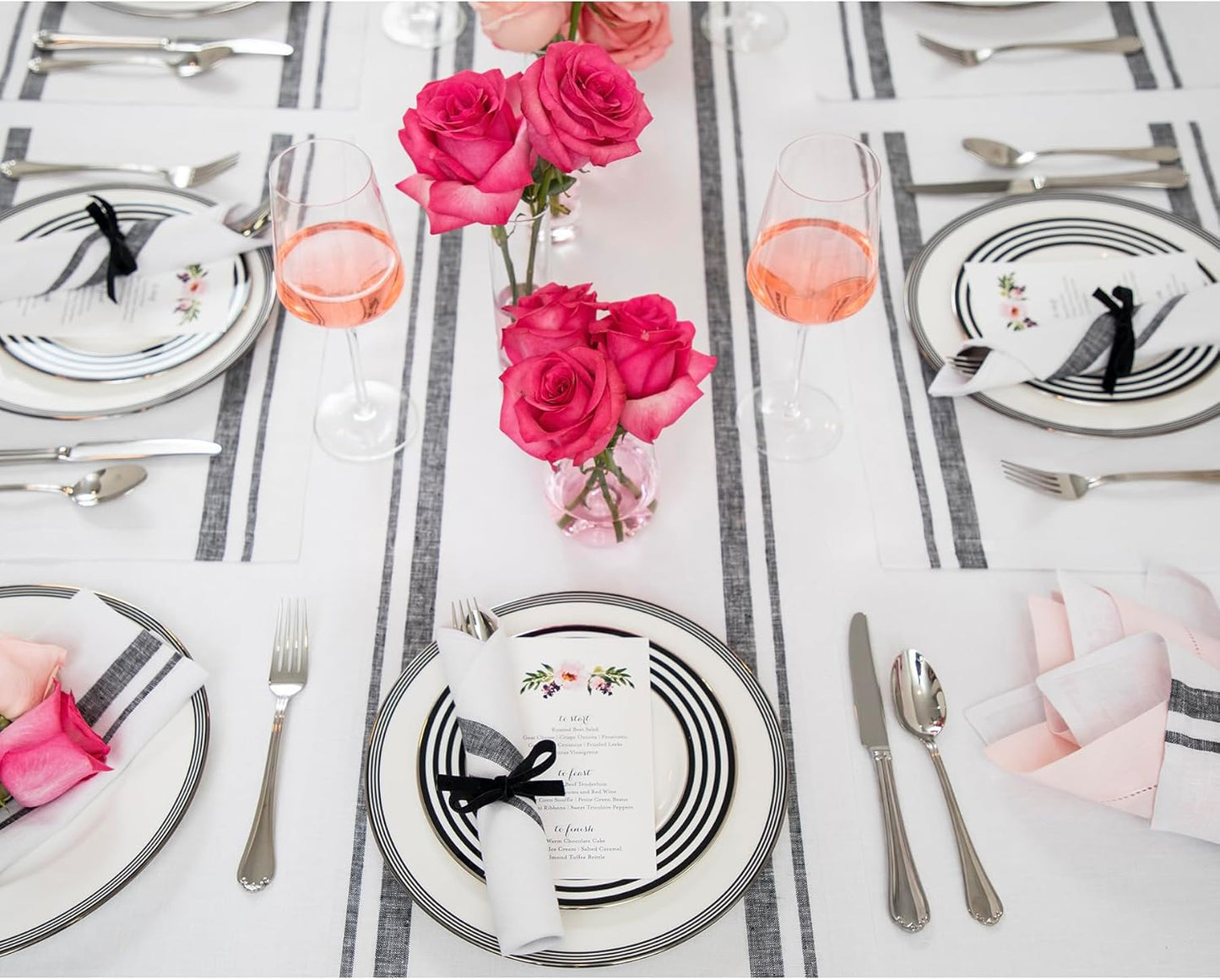 Solino Home Linen Table Runner 120 Inches Long - 100% Pure Linen Black and White French Stripe Table Runner 14 x 120 Inch for Dining, Fall, Autumn, Halloween, Thanksgiving