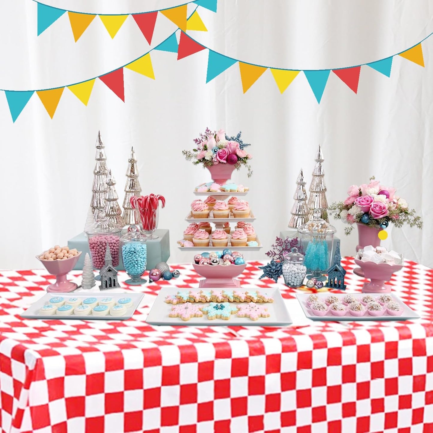 FUNTOOB Red and White Checkered Tablecloth 4 Pack Plaid Tablecloth Race Car Table Cloth for Race Car Birthday Party Decorations Racing Birthday Party Supplies, 54" X 72"