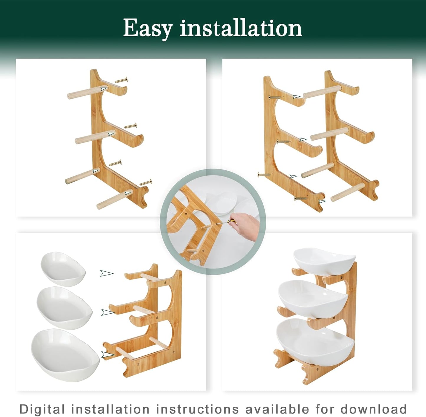SEVEN SPARTA Fruit Bowl for Kitchen Counter - 3 Tier Ceramic Serving Bowls with Bamboo Stand, Tiered Fruit Basket for Fruit Vegetable Storage, Cake, Dessert, Nuts, Snack, Salad (Dishwasher safe)