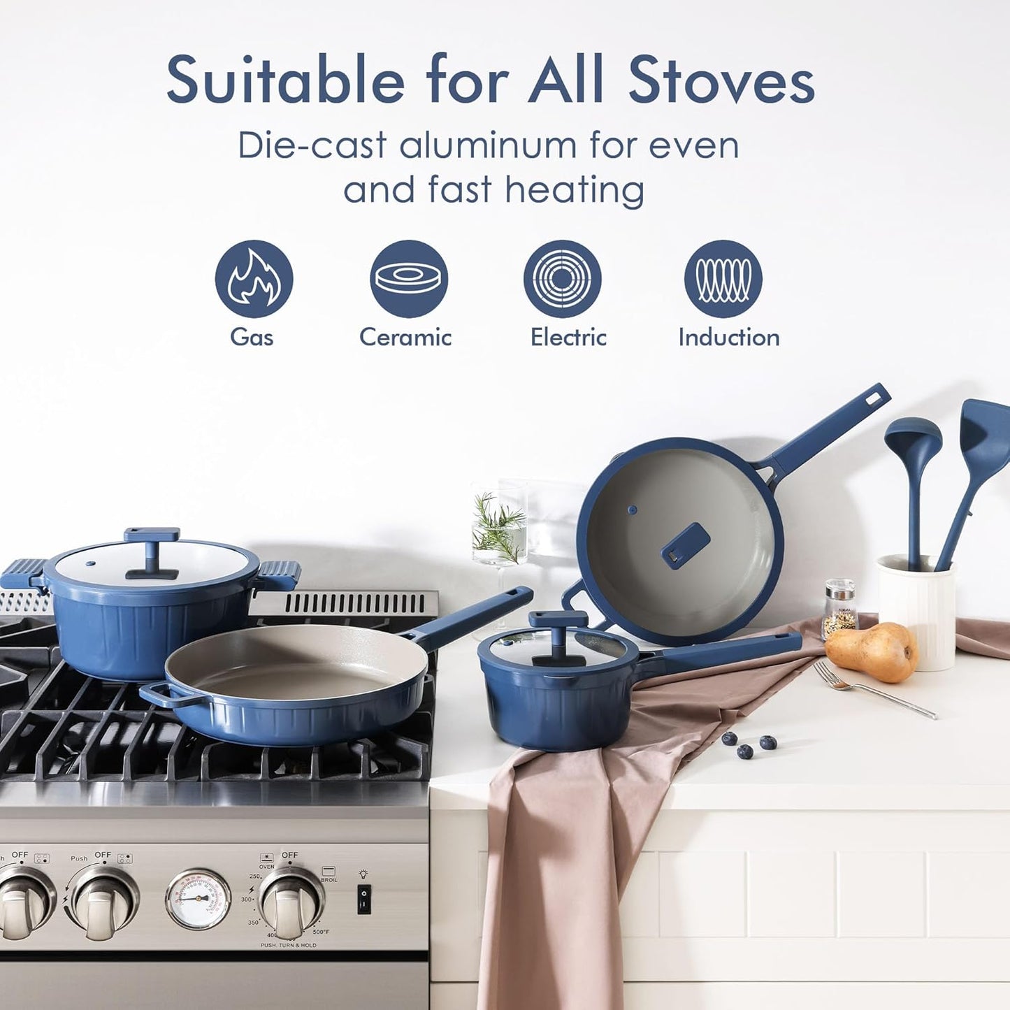 SENSARTE Ceramic Cookware Set Non-toxic 14 Pcs, Nonstick Pots and Pans Set, Dishwasher Safe Induction Cookware, Healthy Kitchen Cooking Set, PFOA/PFAS/PTFE Free