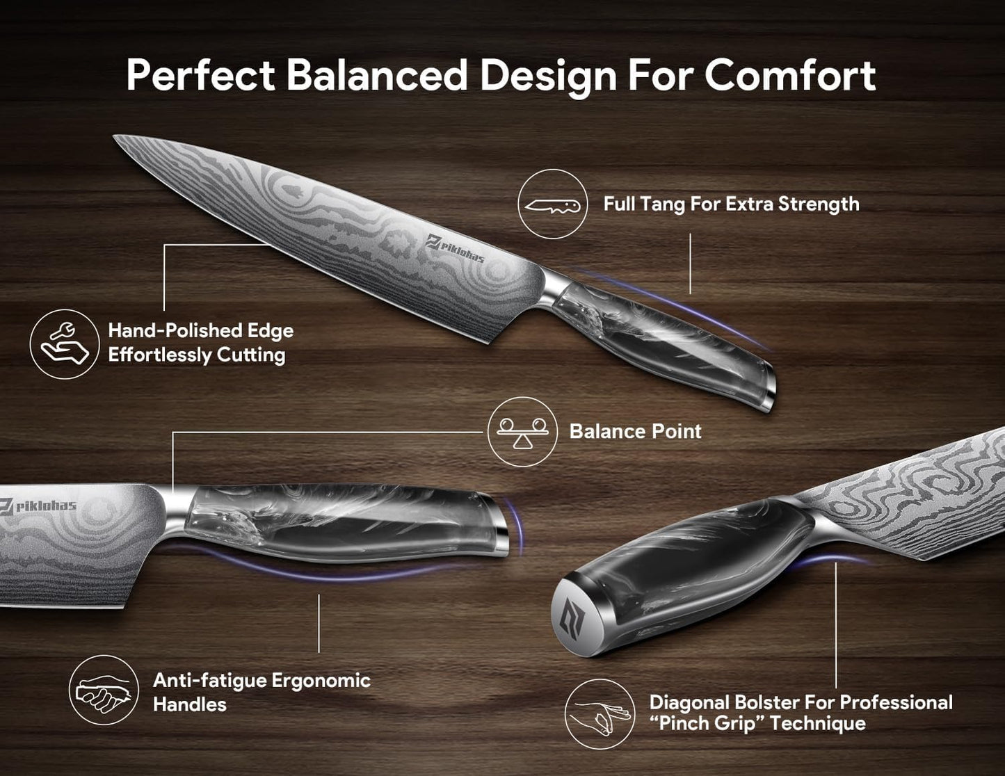 Knife Set for Kitchen 14 Pieces with Magnetic Block, German Razor Sharp High Carbon Stainless Steel Damascus Pattern, Full Tang Ergonomic Handle, Black Flowing Cloud Design