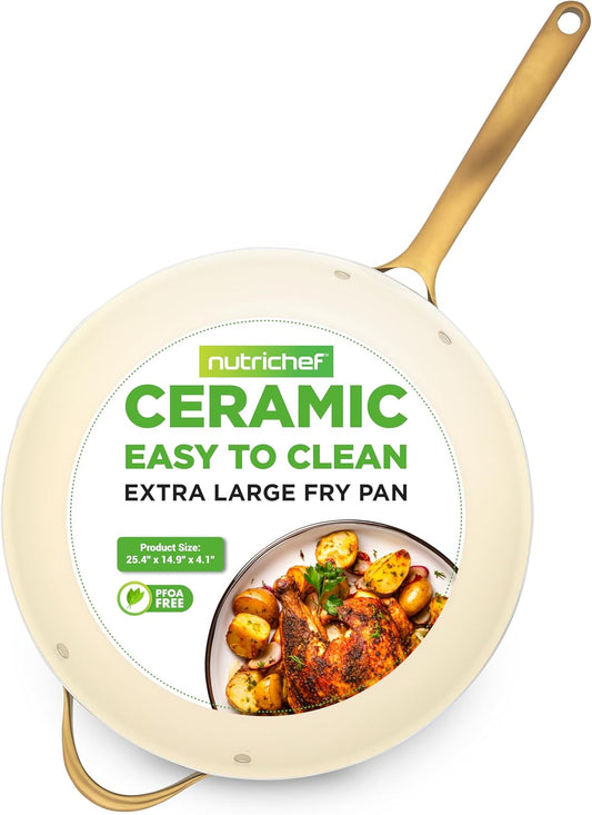 NutriChef 14-Inch Professional Ceramic Frying Pan - Extra-Large Skillet with Golden Titanium Handle, Non-Stick Ceramic Coating, Stain-Resistant, Easy to Clean, Ideal for Home Cooking