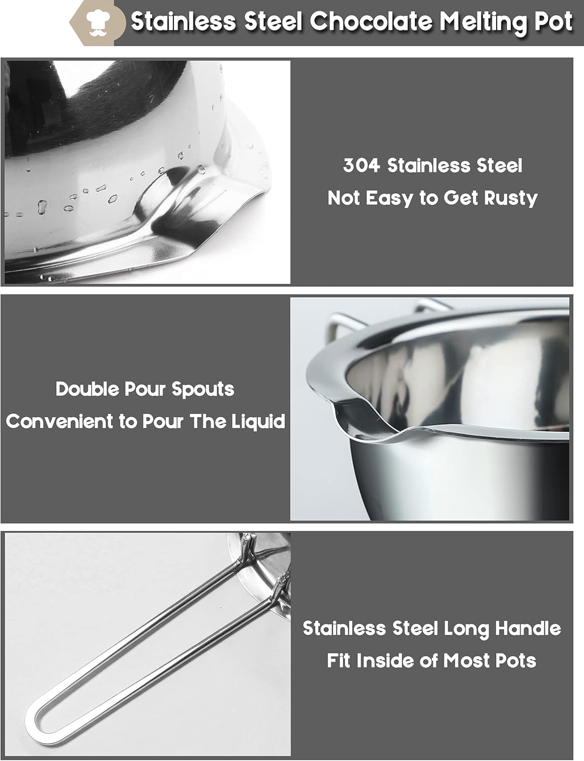 1000ML/1QT Double Boiler Chocolate Melting Pot with 2QT 304 Stainless Steel Pot, Chocolate Melting Pot with Silicone Spatula for Melting Chocolate, Candy, Candle, Soap, Wax