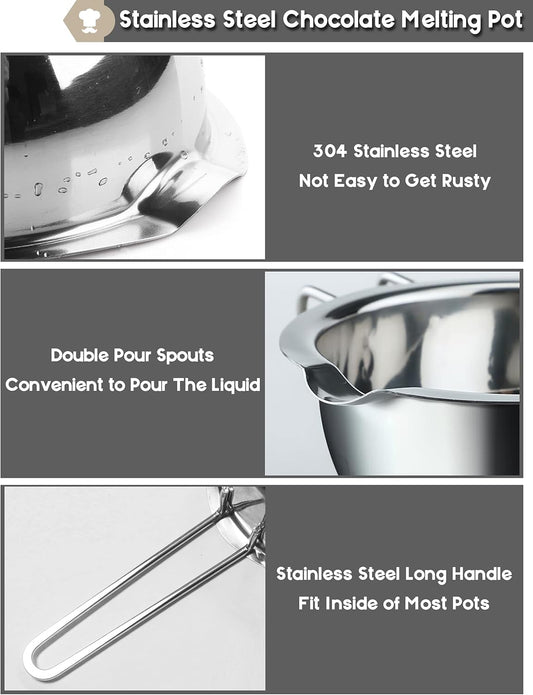 1000ML/1QT Double Boiler Chocolate Melting Pot with 2QT 304 Stainless Steel Pot, Chocolate Melting Pot with Silicone Spatula for Melting Chocolate, Candy, Candle, Soap, Wax