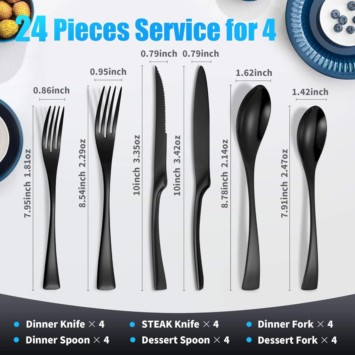 Lemeya 24-Piece Black Silverware Set with Steak Knives,Forged 18/10 Stainless Steel Cutlery Set for 4,Modern Heavy Duty Flatware Utensils Set,Fork Spoon and Knives Set, Mirror Polished,Dishwasher Safe