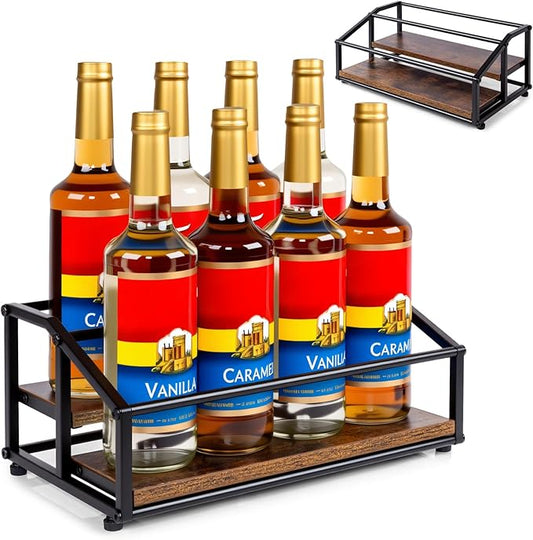 Coffee Syrup Organizer Rack, Liquor Bottle Display Shelf, 2 Tier 8 Syrup Bottles Holder Stand for Coffee Bar Kitchen Small Wine Rack for Family Storage for Syrup Wine Dressing
