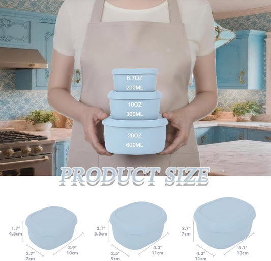 Reusable Nesting Silicone Food Storage Containers, Set of 3 Lunch Box Bento with Lids, Airtight Snack Container, BPA Free, Dishwasher Microwave Oven Freezer Safe (6.7oz, 10oz, 20oz) (Light Blue)