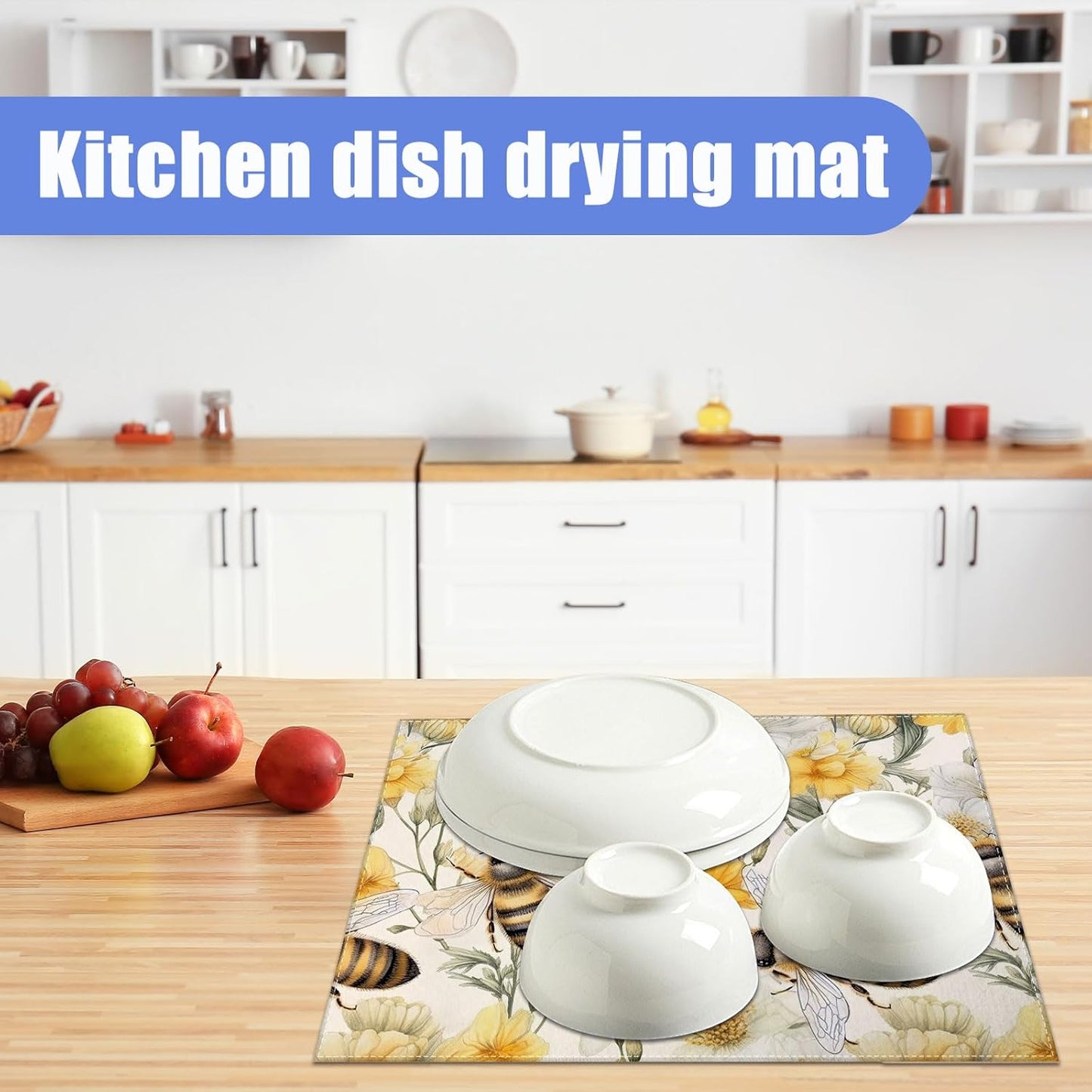 Watercolor Bee Floral Dish Drying Mat for Kitchen Counter Drying Pad Absorbent Reversible Dish Drainer Rack Mats Draining Pad 18"x24"Inch