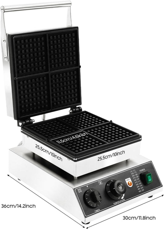 1750W 4 Square Belgian Waffle Maker Machine with Temp and Time Control 122-572℉, 0-5 Mins, Non-Stick Plates Commercial Waffles Iron w/Four Molds, Stainless Steel Electric Waffle Making Machine