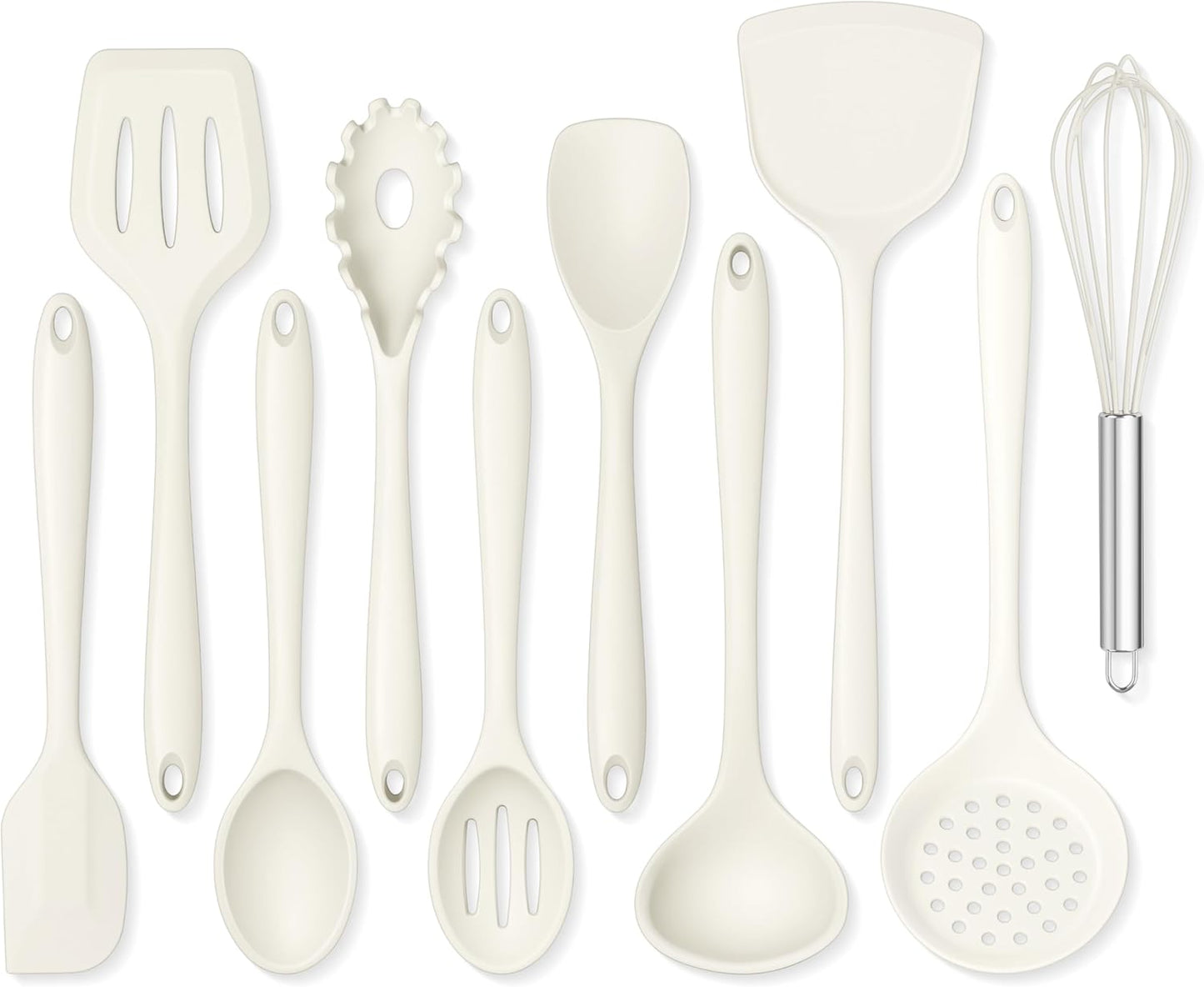 Onader Kitchen Cooking Utensils Set of 10, Silicone Utensils Set for Cooking, Includes Non Toxic Turner Spoon Spatula Whisk Pasta Server - White
