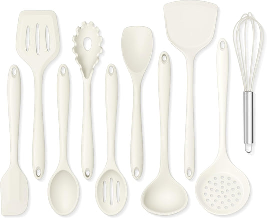 Onader Kitchen Cooking Utensils Set of 10, Silicone Utensils Set for Cooking, Includes Non Toxic Turner Spoon Spatula Whisk Pasta Server - White