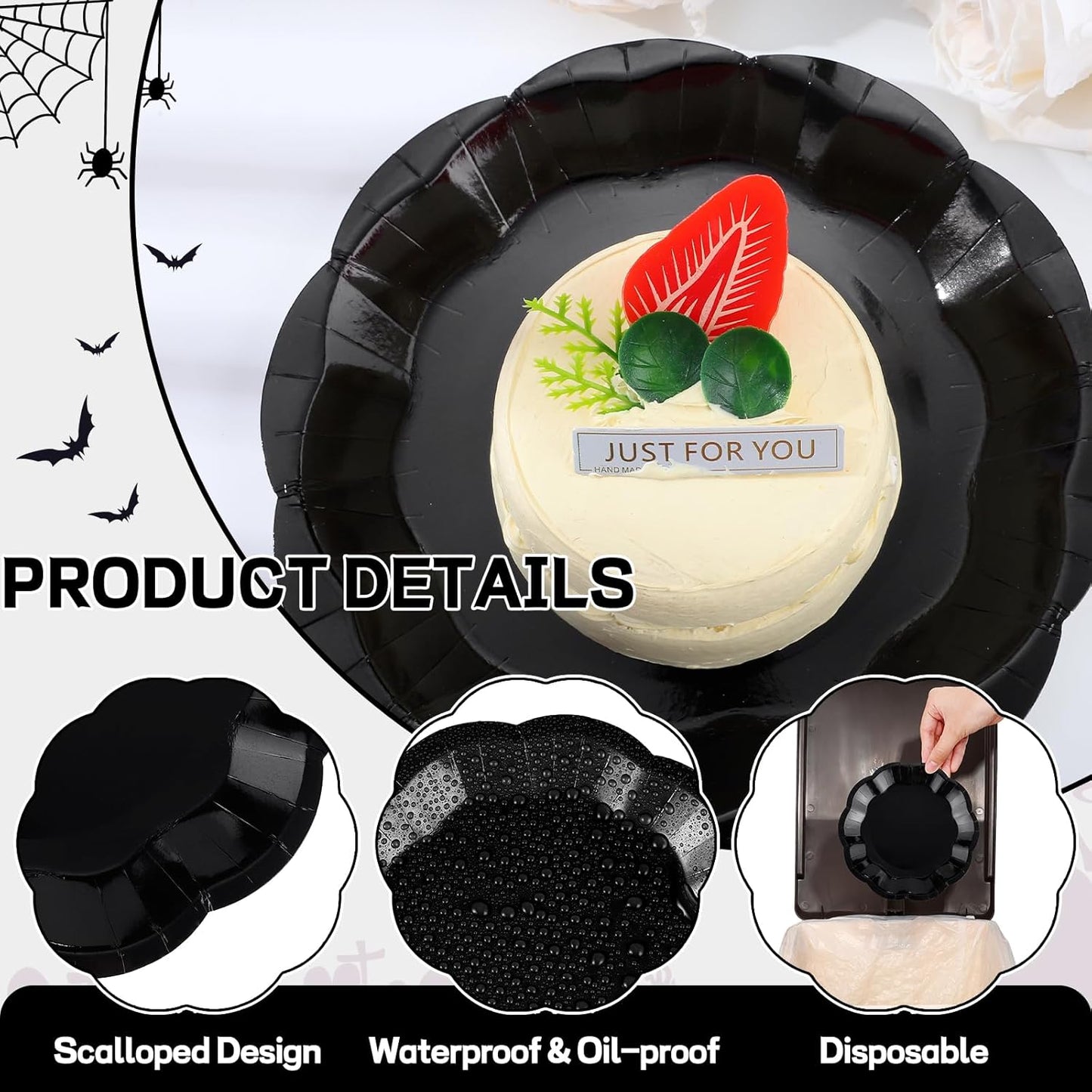 30pcs Black Halloween Paper Plates, 7 in Scalloped Halloween Party Plates Black Dessert Cake Plate Disposable Paper Plate for Wedding, Birthday, Holiday Party