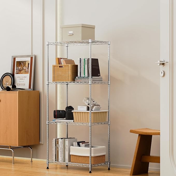 1000 lbs 4Tier Shelf Metal Storage Shelves Wire Rack Closet Organizers with Wheel for Garage Kitchen Bathroom Laundry Chrome 13.7" D x 23.6" W x 53.4" H