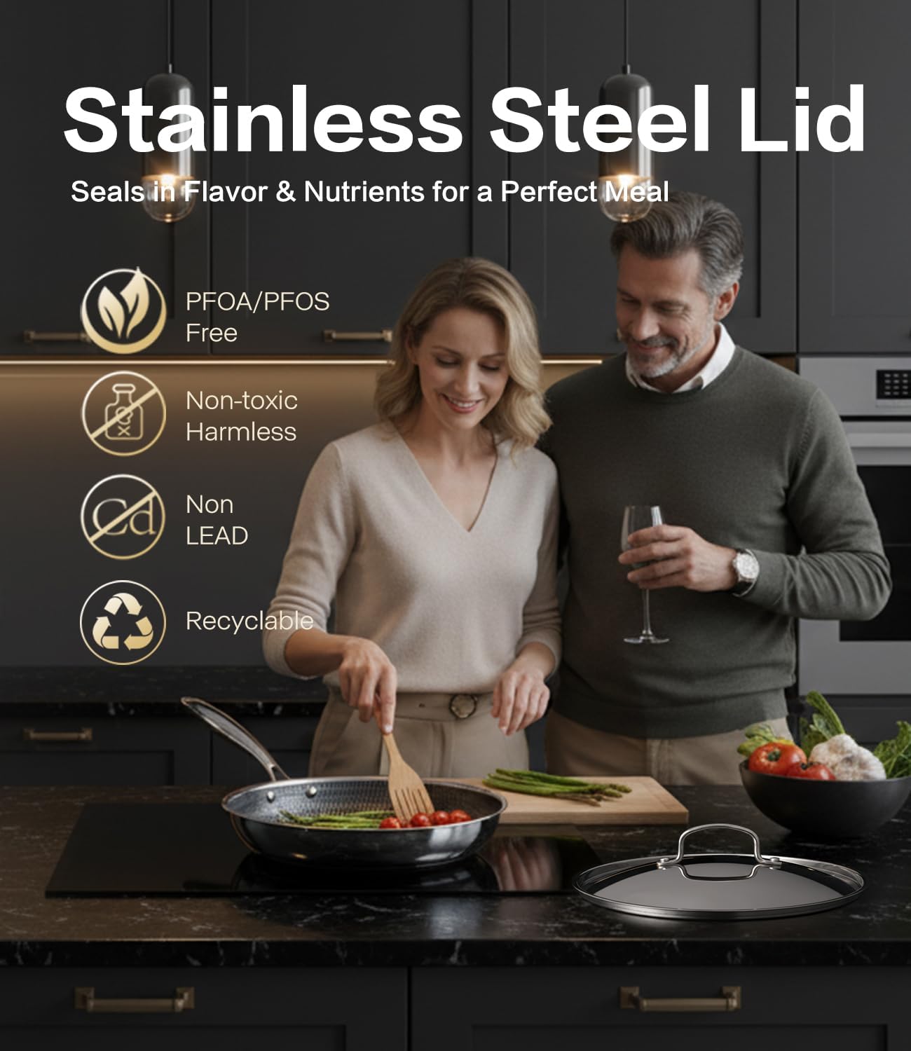 Non Stick Frying Pans with Lids, 12 Inch Fry Pan, Hybrid Large Frying Pan with Lid, Nonstick Skillet Stainless Steel, Dishwasher & Oven-Safe, Induction Compatible Cooking Pan