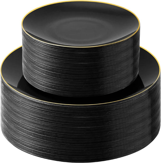100PCS Black Plastic Plates with Gold Rim, Black Gold Disposable Plates for Party, Graduation and Wedding, Include 50 Dinner Plates, 50 Dessert Plates for 50 Guests