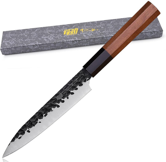 FINDKING Dynasty Series Kitchen Utility Knife, Multi-Purpose Japanese Paring Knife, 9Cr18MoV High Carbon Steel Blade, African Rosewood Octagonal Handle, Small, for Fruits Vegetables, 5 Inches