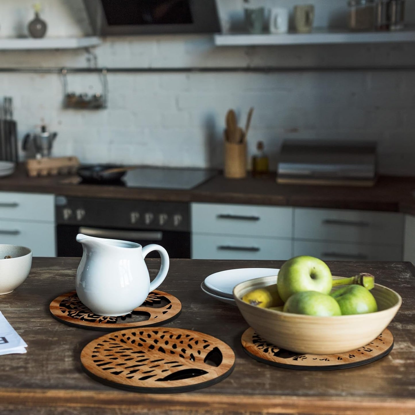 3 Pcs Life Tree Wooden Trivets for Hot Dishes 8 Rustic Round Tree Trivet Set Hot Plate Holders Heat Resistant Polite Trees Coasters for Table Dishes Pots and Pans(Light Wood Color)