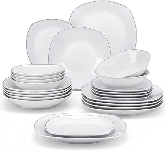 MALACASA Dinnerware Sets, 24 Piece Porcelain Square Dishes, White with Silver Rim Plates and Bowls Sets, Ceramic Dish Set for 6, Chip Resistant Dishware Sets, Series ELISA