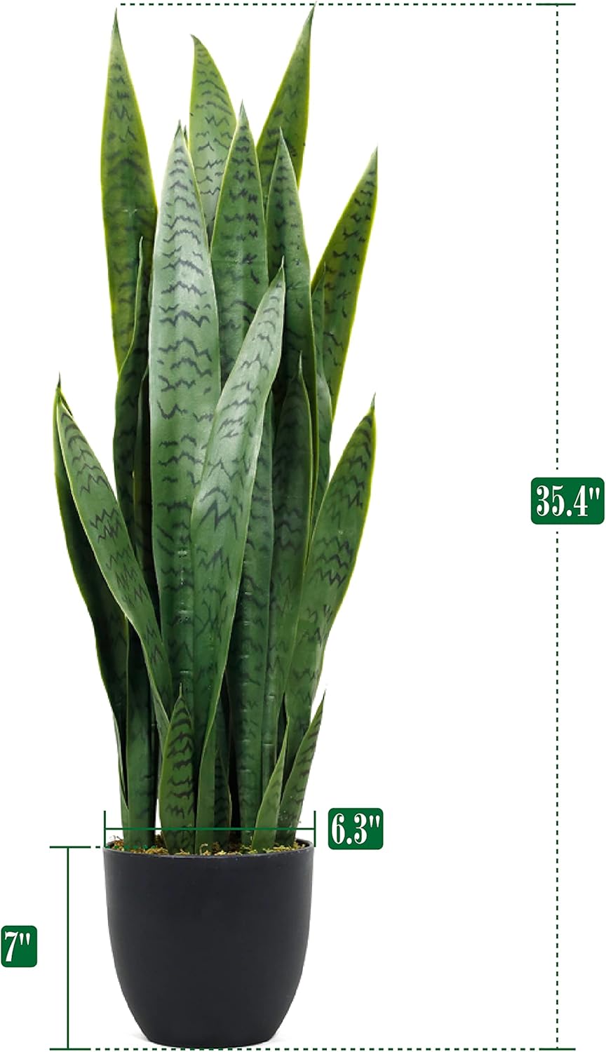 35" Lifelike Faux Snake Plant, Realistic Artificial Plants with 28 Thick PEVA Leaves, Indoor/Outdoor UV-Proof Greenery Decor, Patio, Office & Home Decor, Includes Black Pot & Preserved Moss