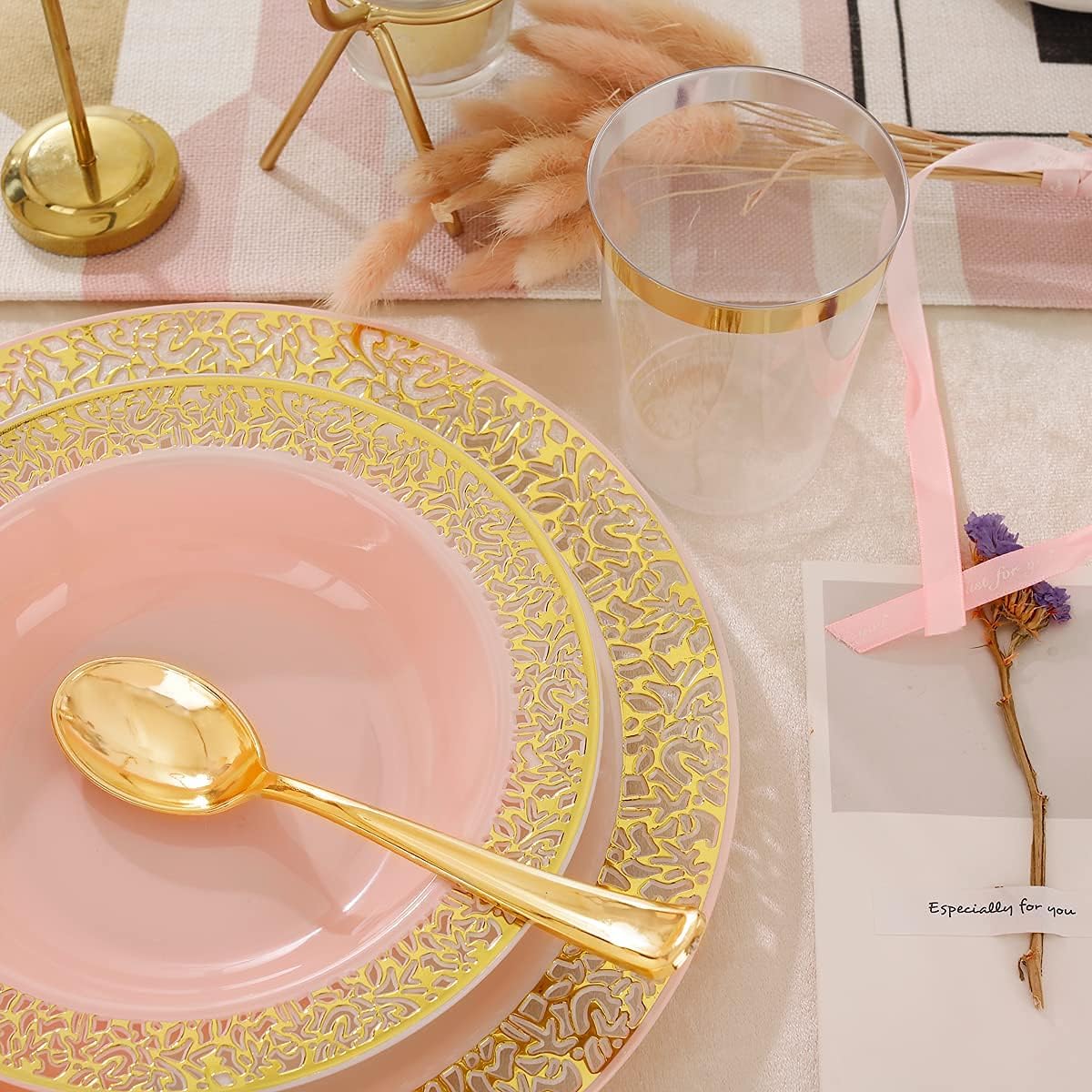 I00000 60pcs Pink Gold Plastic Bowls, 12 oz Dessert Bowls, Gold Lace Trim China Look, Premium Heavy Duty Soup Bowls for Party, Disposable salad Bowls for Wedding