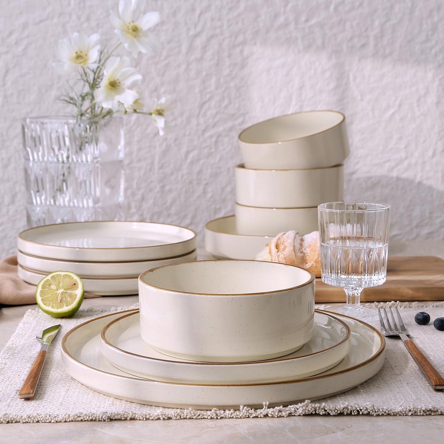 Famiware Nebula Plates and Bowls Sets for 4, 12 Pieces Stoneware Dinnerware Set, Microwave and Dishwasher Safe Dishes Set, Vanilla White with Brown Rim