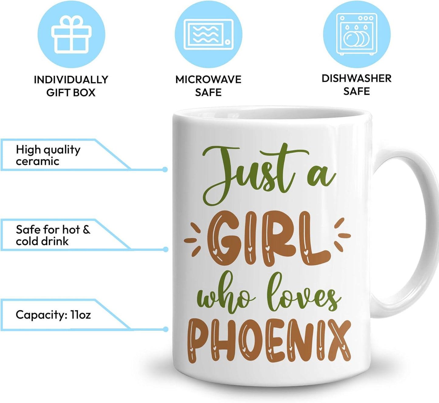 Hyturtle Personalized Gifts Phoenix Lover - Just A Girl Who Loves Phoenixs Custom Name Ceramic Coffee Mug Cup 11oz - Idea Cute Animal Lover Gifts For Women, Girl On Birthday, Christmas