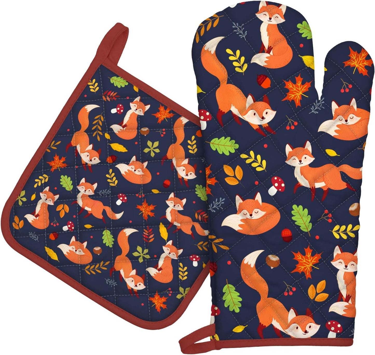 Fox Leaf Oven Mitts and Pot Holders Sets 2Pcs, 100% Cotton Heat Resistant, Extra Long Oven Gloves Potholder for Kitchen Cooking Baking Decoration