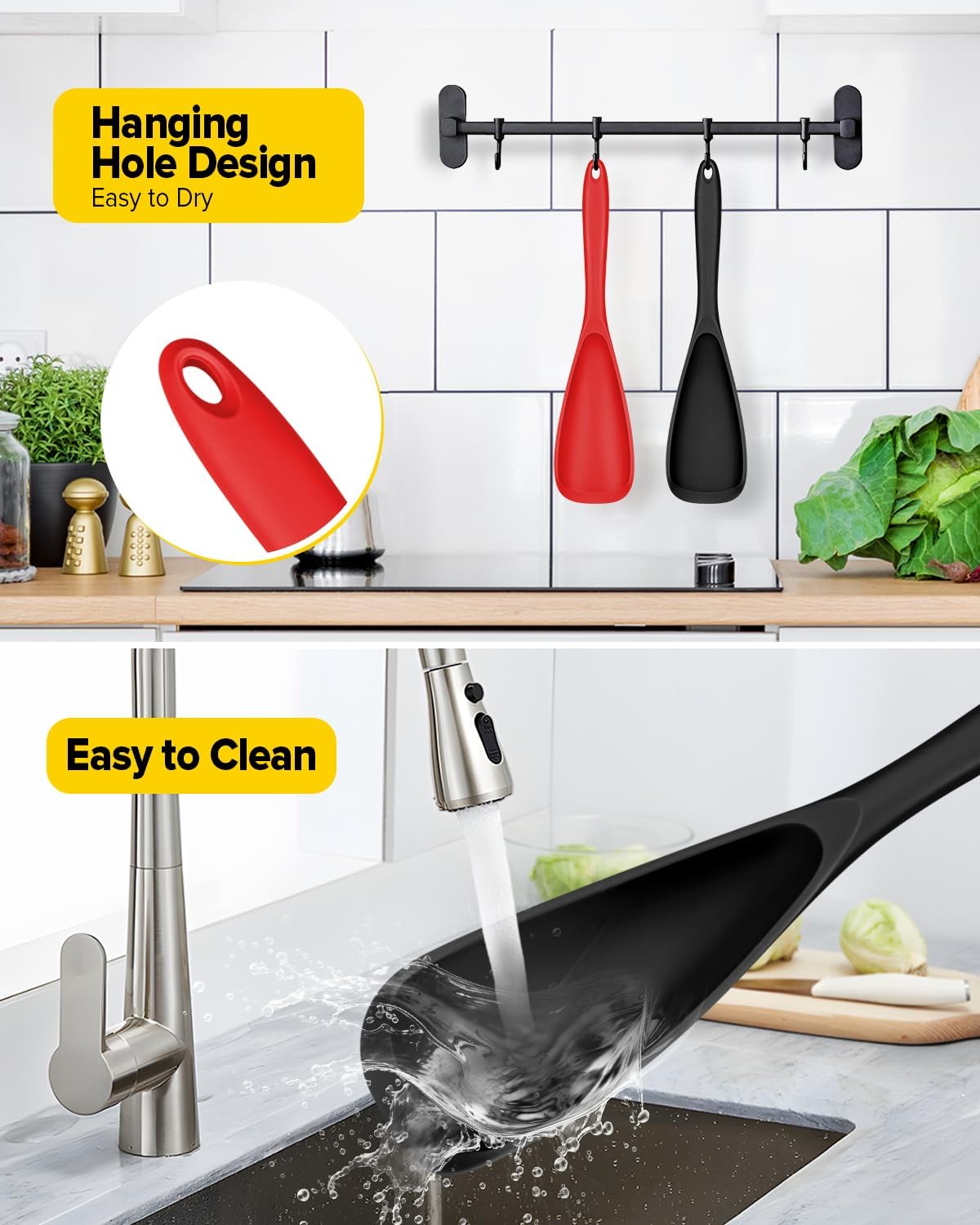 Pack of 2 Cooking Spoons for Non Stick Cookware, Multifunction Spatula Spoon BPA-Free, One-Piece Design, Suitable for Scooping, Scraping, Serving and Mixing(BLACK-RED)