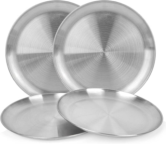 Reusable Brushed Metal Dinner Plates-Stainless Steel Round Plates,Dinner Plate Dish Heavy Duty Kitchenware Round Metal Plates | Dishwasher Safe |Use for BBQ Steak (10 Inch 4 Pack)