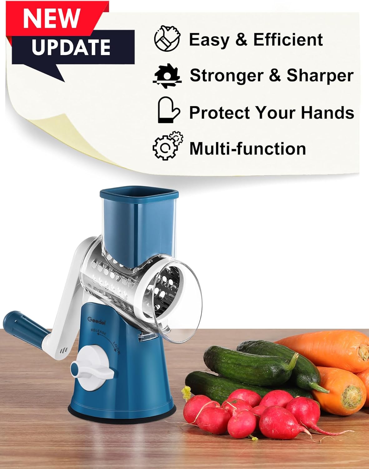 Geedel Rotary Cheese Grater Cheese Shredder - Upgraded 5-in-1 Cheese Grater with Handle and Strong Suction Base, Multi-purpose Vegetable Slicer Ice Shaver Nuts Grinder for Ice, Vegetables, Fruit, Nuts