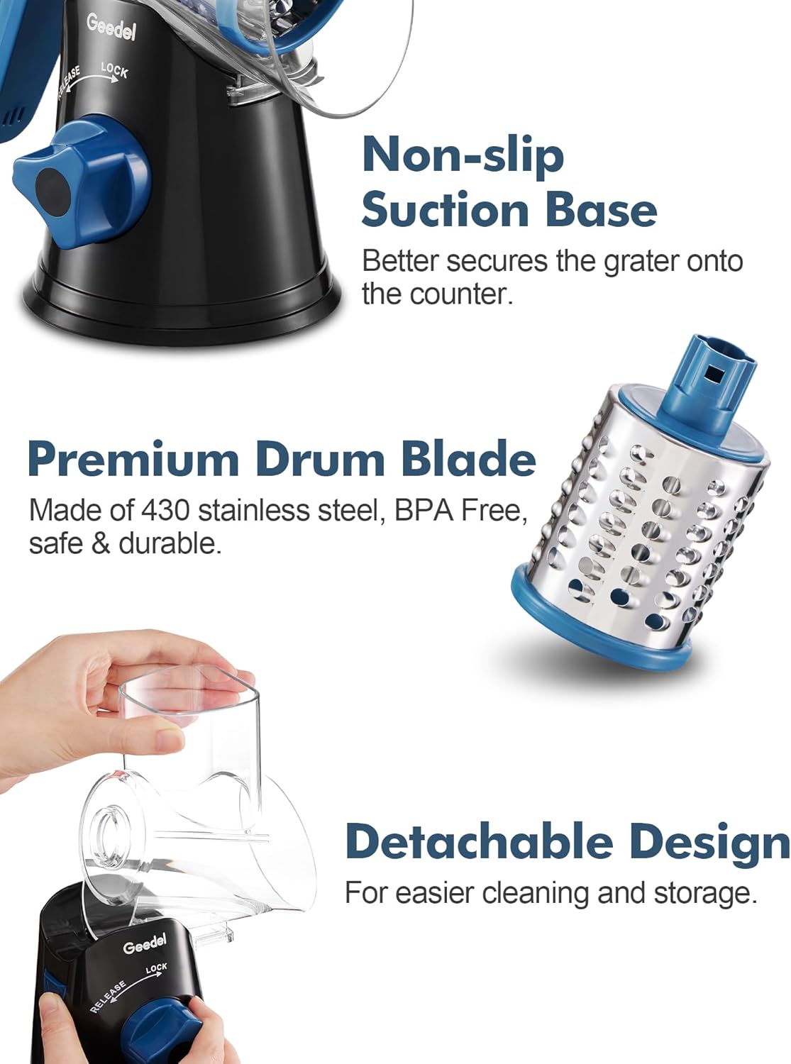 Geedel Rotary Cheese Grater, Kitchen Mandoline Vegetable Slicer with 3 Interchangeable Blades, Easy to Clean Rotary Grater Slicer for Fruit, Vegetables, Nuts