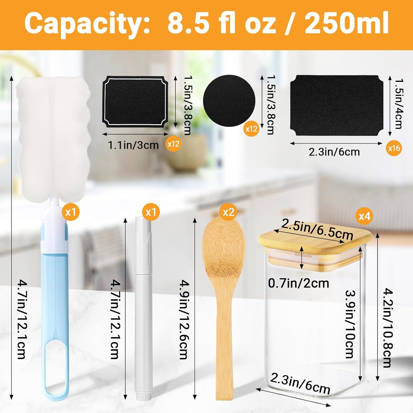 Glass Jars with Bamboo Lids, 4 Pack 8 Fl.oz Glass Canister with Airtight Lids, Wide Mouth Spice Jars Clear Food Storage Containers for Sugar Coffee Bean Tea - Included Labels, Spoon and Marker