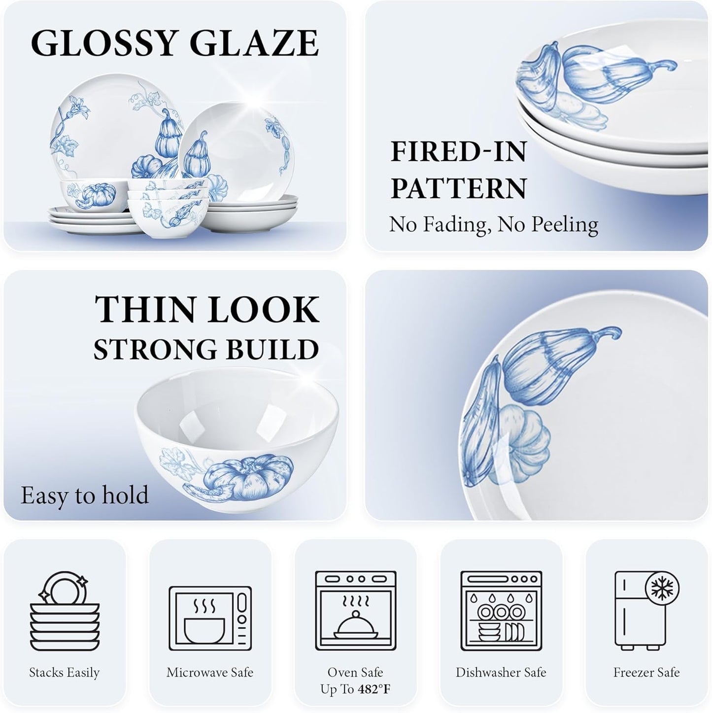 Minh Long 12 Pcs Porcelain Thanksgiving Dinnerware Set, Pumpkins Harvest Plates and Bowls Set for 4, Fall Dishes Chip & Scratch Resistant, Oven Safe up to 482°F, Non Toxic Dishwasher & Microwave Safe