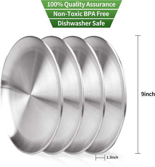 4-Piece 9" Stainless Steel Plates, Metal Round Dinner Dishes for Adults, Reusable and Dishwasher Safe, Serving Camping Salad Plate for Home, Outdoor Camping, Snack and BBQ