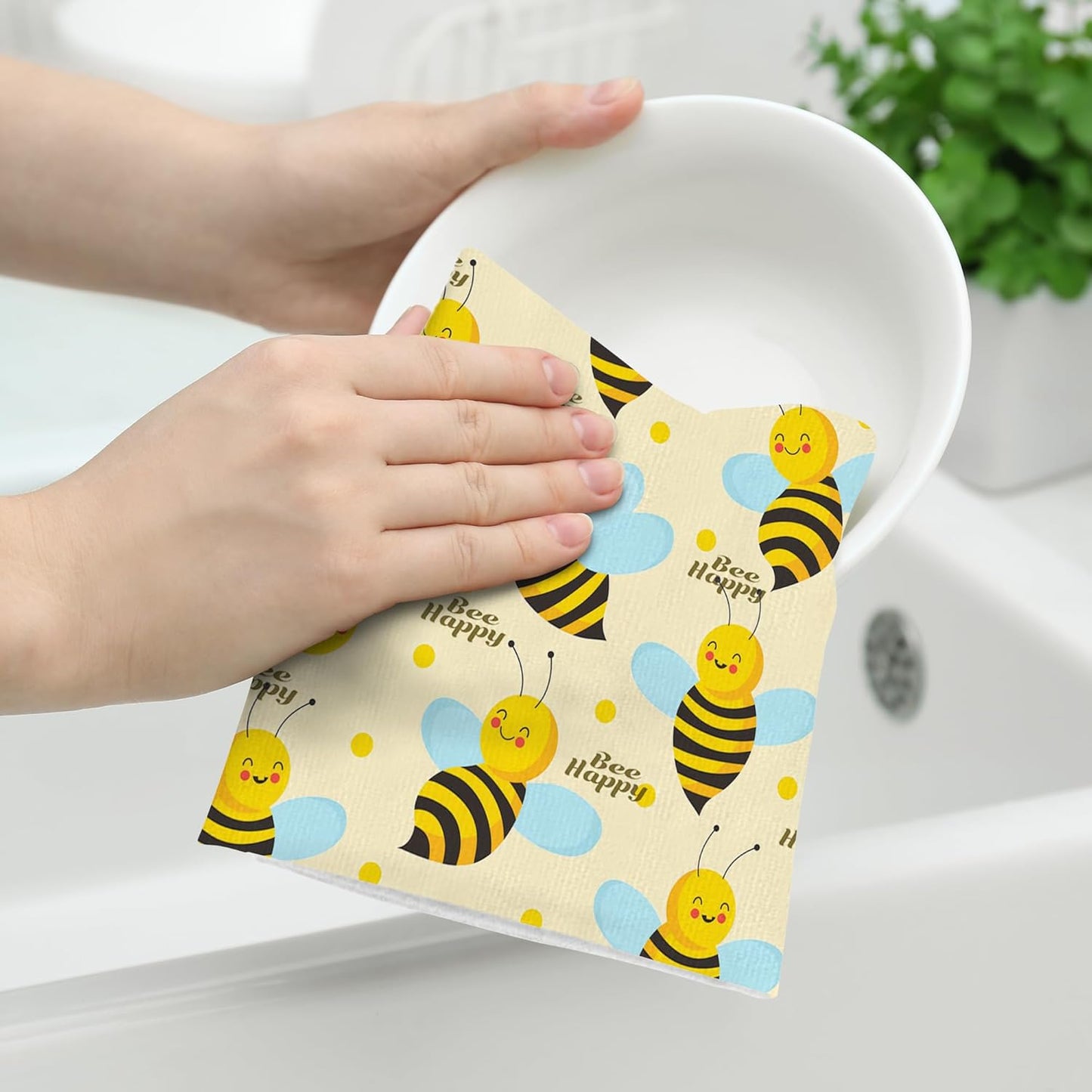 Cukemip Cute Bee Decorative Dish Towels for Drying Dishes,Yellow Kitchen Towels and Dishcloths Sets Absorbent Summer Tea Towels Hand Towels Set of 2 for Kitchen Cooking Baking Farmhouse Decor