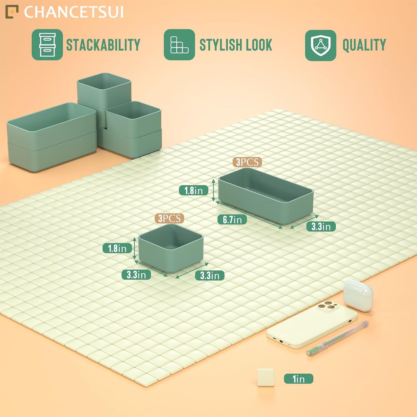 6 Pcs Stackable Drawer Organizer Set Desk Drawer Dividers, Bathroom Vanity Cosmetic Makeup Trays , Multipurpose Plastic Storage Bins for Jewelries, Kitchen Gadgets and Office Accessories, Green