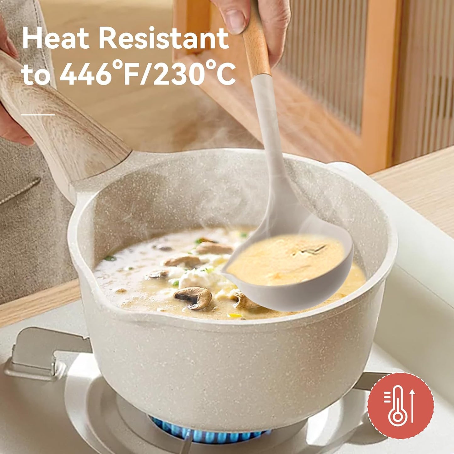 Kitchen Utensils Set, Large Non-stick Silicone Cooking Utensils Set 6 Pcs, Wooden Handle Heat Resistance Silicone Spatula Soup Ladle Pasta Server Kitchen Gadgets Utensils Set BPA Free (Khaki)