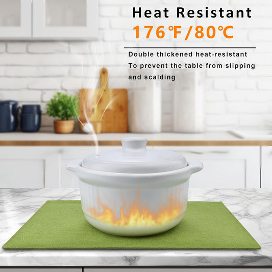 SLKQG Green Linen-Look Placemats Set of 8, Heat Resistant & Machine Washable Double-Layered Cloth Placemats for Dining Table, Indoor/Outdoor Use, Non-Slip Kitchen Table Mats (8, Grass Green)