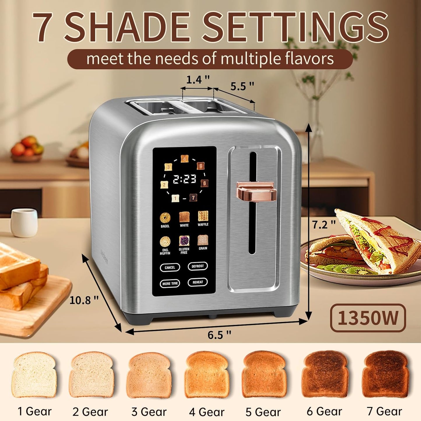 SEEDEEM Toaster 2 Slice, Touch Control Stainless Toaster LCD Display, 50% Faster Heating Speed, 1.4'' Wide Slots, More Timer Functions, Removable Crumb Tray, 1350W, Silver White