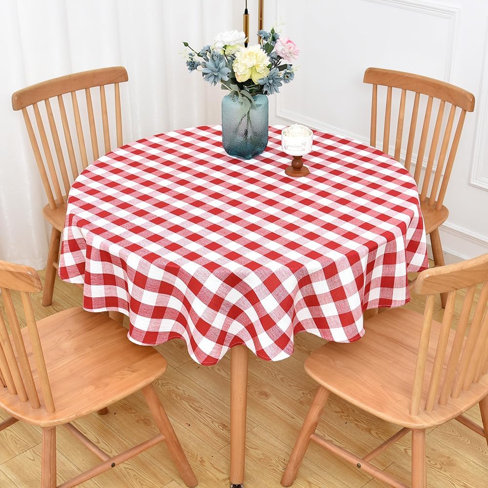 Gingham Round Tablecloth Table Cloth Heavy Duty Cotton Checkered Table Cloth Round Cover for Dining Room (R-Red, 53 inch Diameter)